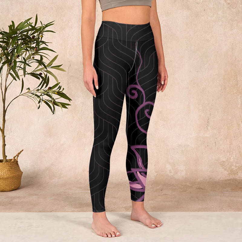 Buddha Stones Black Pink Lotus Flower Print Gym Leggings Women's Yoga Pants - image 4