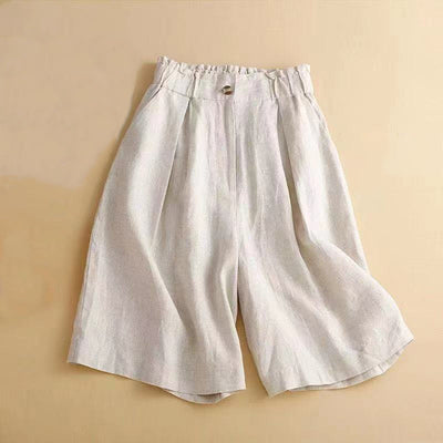 Buddha Stones Plain Color Pleated Zipper Button Cotton Linen Women's Shorts With Pockets - Beige - US12，UK/AU16，EU44 (3XL) - image 9