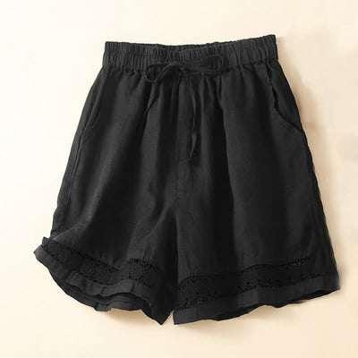 Buddha Stones Plain Color Bottom Hollow Lace Design Lace-up Cotton Women's Shorts With Pockets - Black - US12，UK/AU16，EU44 (3XL) - image 28