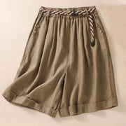 Foviel Casual Solid Color Turn Up Cuff Belt Cotton Linen Women's Shorts With Pockets