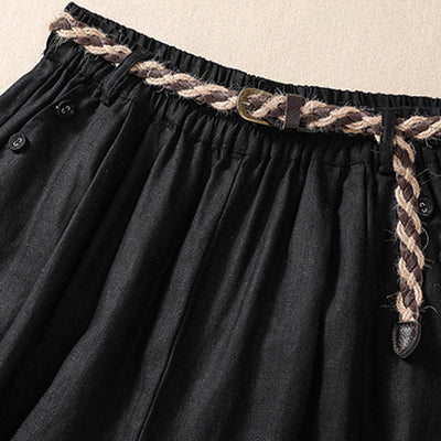 Buddha Stones Casual Solid Color Turn Up Cuff Belt Cotton Linen Women's Shorts With Pockets - image 10