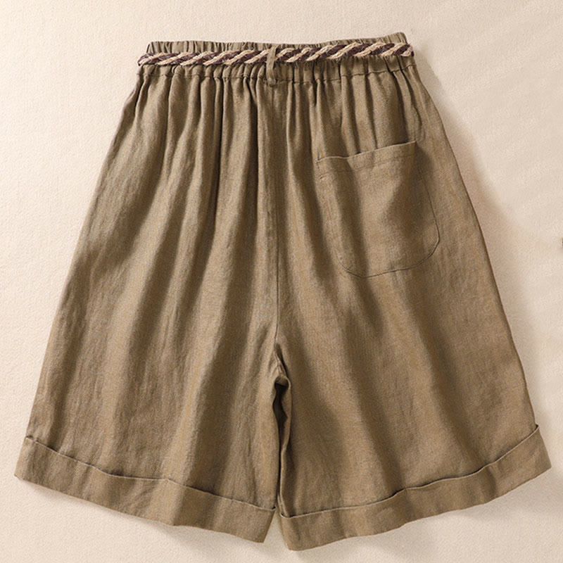 Buddha Stones Casual Solid Color Turn Up Cuff Belt Cotton Linen Women's Shorts With Pockets - image 2
