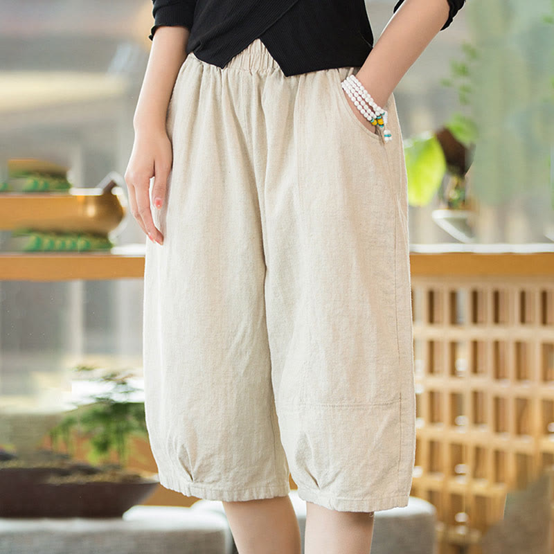 Buddha Stones Casual Plain Color Cotton Ramie Women's Shorts With Pockets - Beige - US4-6，UK/AU8-10，EU36-38 (F) - image 20