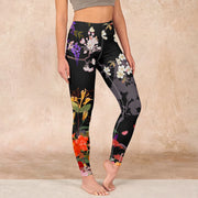 Foviel Black Colorful Flowers Print Gym Leggings Women's Yoga Pants
