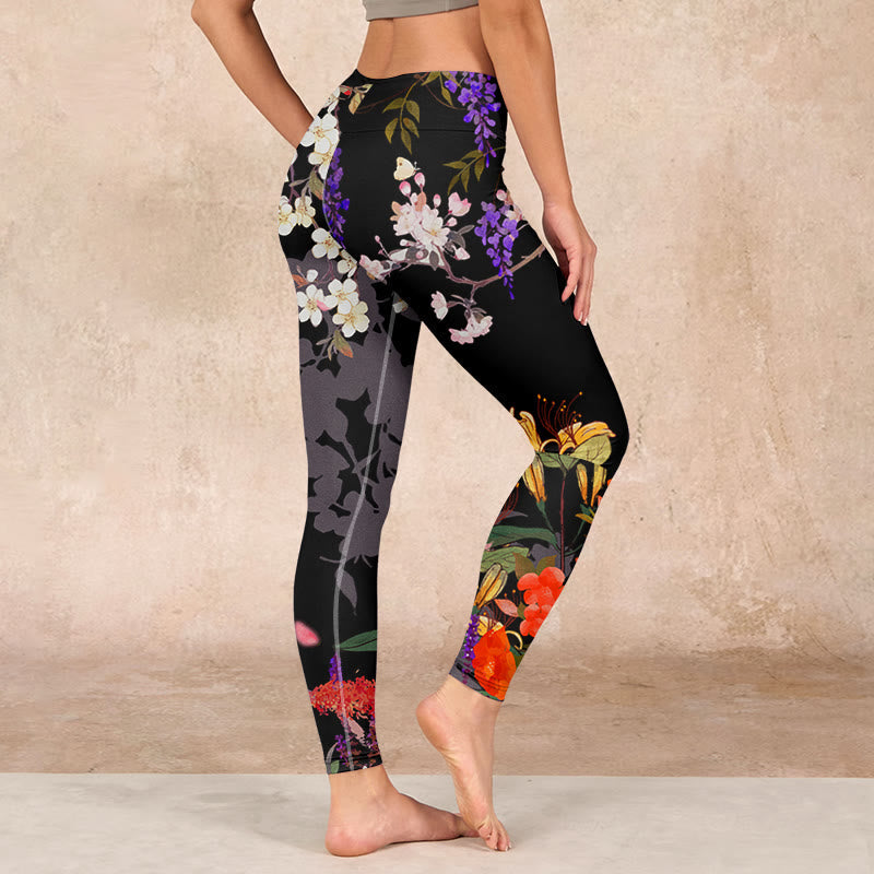 Buddha Stones Black Colorful Flowers Print Gym Leggings Women's Yoga Pants - image 3