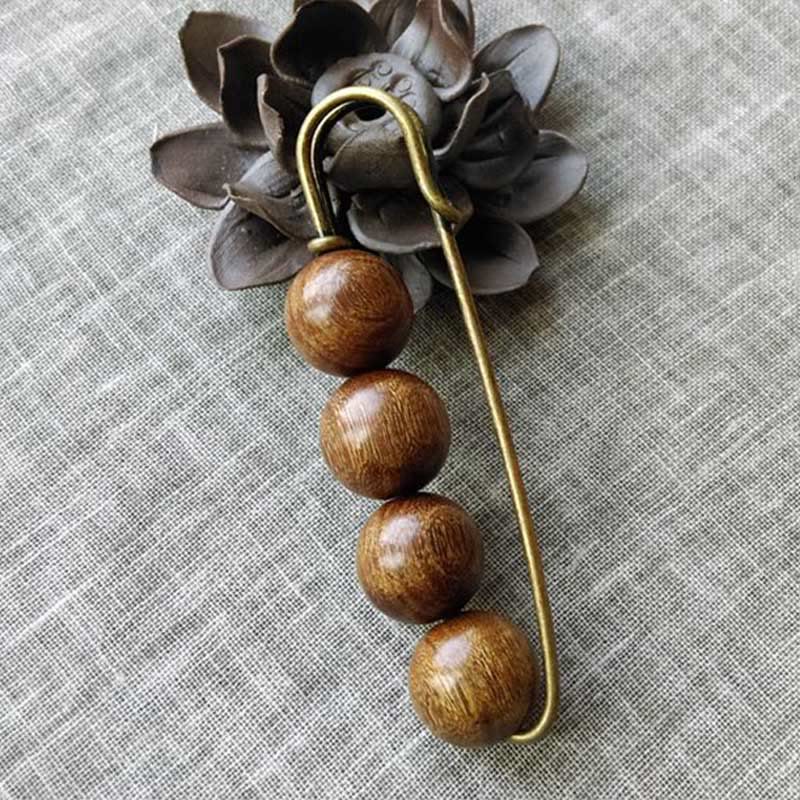 Foviel Vintage Sandalwood Agathis Alba Ebony Wood Peltogyne Beads Healing Brooch