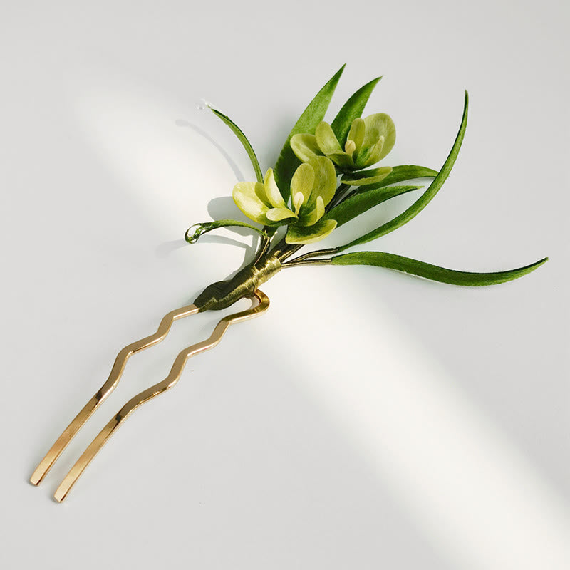 Foviel Handmade Velvet Flower Mulberry Silk Green Flowers Leaves Brooch Hairpin