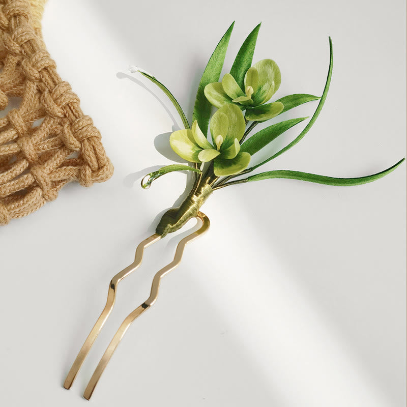 Foviel Handmade Velvet Flower Mulberry Silk Green Flowers Leaves Brooch Hairpin
