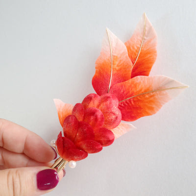 Foviel Handmade Yangzhou Velvet Flower Mulberry Silk Red Koi Fish Leaves Brooch Hair Clip