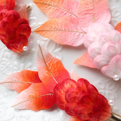 Foviel Handmade Yangzhou Velvet Flower Mulberry Silk Red Koi Fish Leaves Brooch Hair Clip