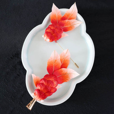 Foviel Handmade Yangzhou Velvet Flower Mulberry Silk Red Koi Fish Leaves Brooch Hair Clip