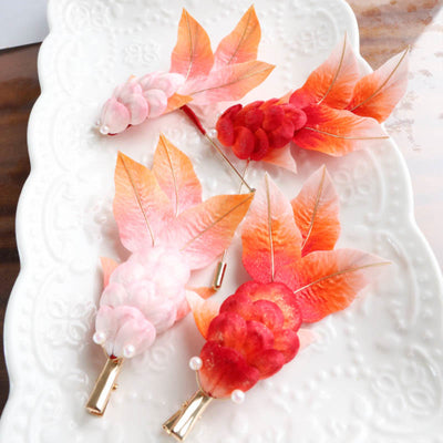 Foviel Handmade Yangzhou Velvet Flower Mulberry Silk Red Koi Fish Leaves Brooch Hair Clip