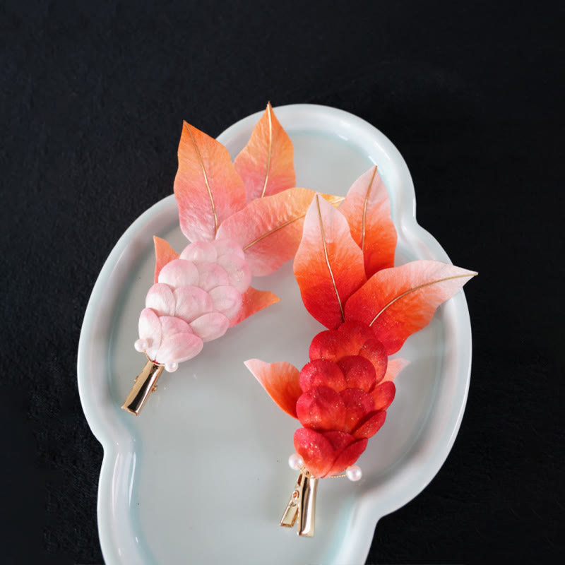 Foviel Handmade Yangzhou Velvet Flower Mulberry Silk Red Koi Fish Leaves Brooch Hair Clip