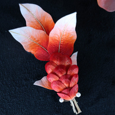 Foviel Handmade Yangzhou Velvet Flower Mulberry Silk Red Koi Fish Leaves Brooch Hair Clip