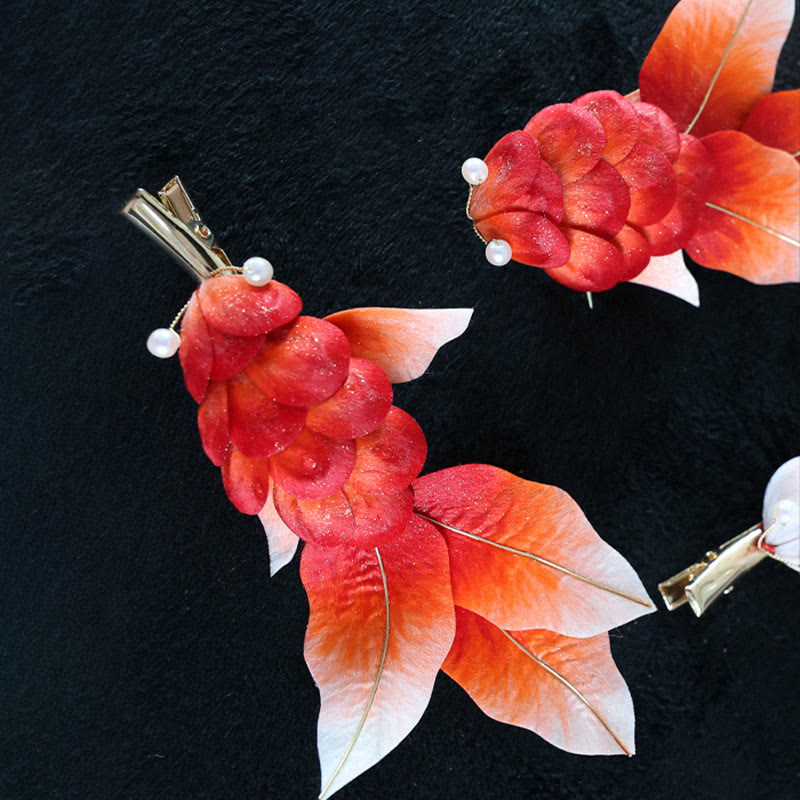 Foviel Handmade Yangzhou Velvet Flower Mulberry Silk Red Koi Fish Leaves Brooch Hair Clip