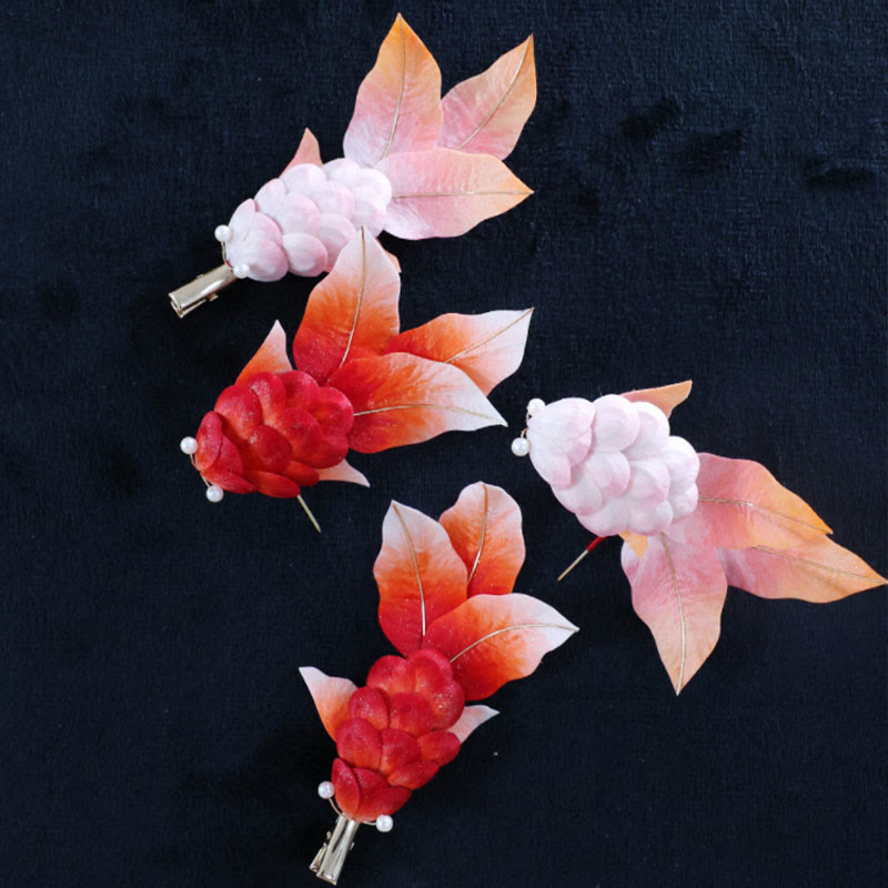 Foviel Handmade Yangzhou Velvet Flower Mulberry Silk Red Koi Fish Leaves Brooch Hair Clip