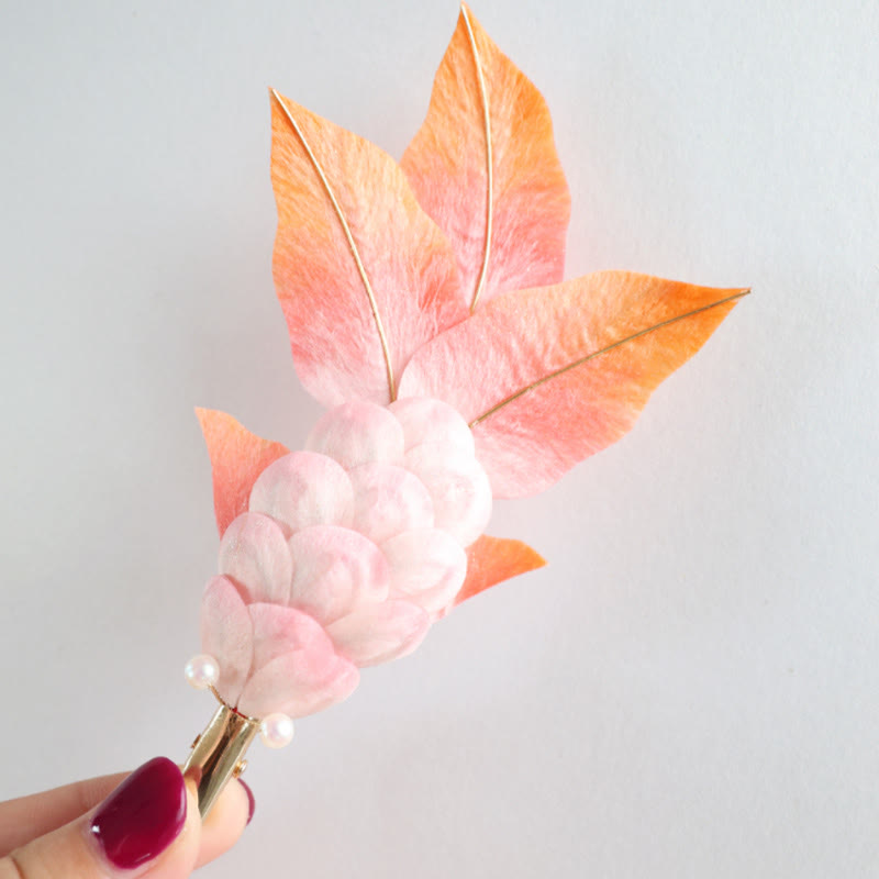 Foviel Handmade Yangzhou Velvet Flower Mulberry Silk Red Koi Fish Leaves Brooch Hair Clip
