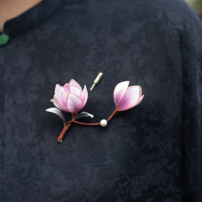 Foviel Handgefertigt Yangzhou Velvet Blume Mulberry Seide Lila Magnolia Brosche Haarnadel