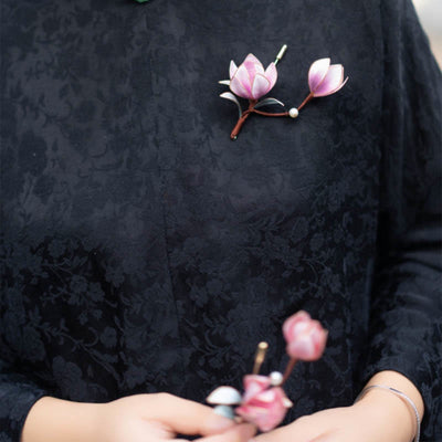 Foviel Handgefertigt Yangzhou Velvet Blume Mulberry Seide Lila Magnolia Brosche Haarnadel
