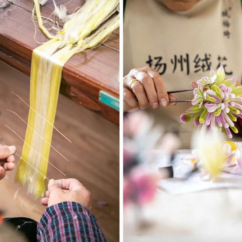 Broche fleur de pêcher en soie de mûrier et velours fait main Yangzhou Foviel