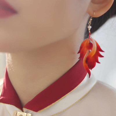 Foviel 14K Gold-plated Copper Handmade Velvet Flower Mulberry Silk Red Feather Drop Earrings
