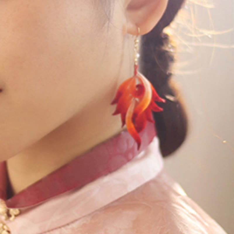 Foviel 14K Gold-plated Copper Handmade Velvet Flower Mulberry Silk Red Feather Drop Earrings