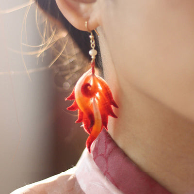 Foviel 14K Gold-plated Copper Handmade Velvet Flower Mulberry Silk Red Feather Drop Earrings