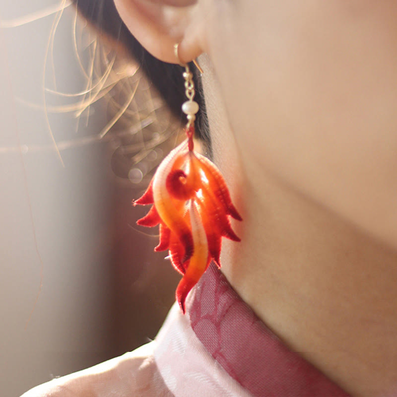 Foviel 14K Gold-plated Copper Handmade Velvet Flower Mulberry Silk Red Feather Drop Earrings