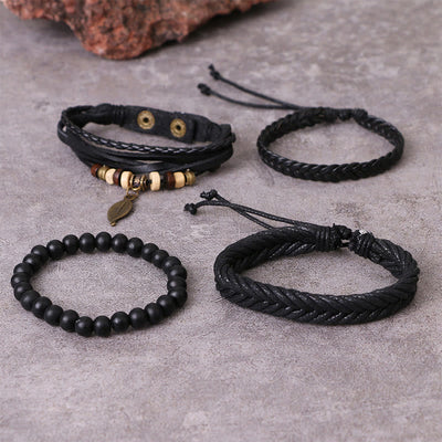 Foviel Leaf Multi-layer Twisted Leather Resin Beads Courage Bracelet Set