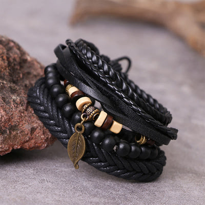 Foviel Leaf Multi-layer Twisted Leather Resin Beads Courage Bracelet Set