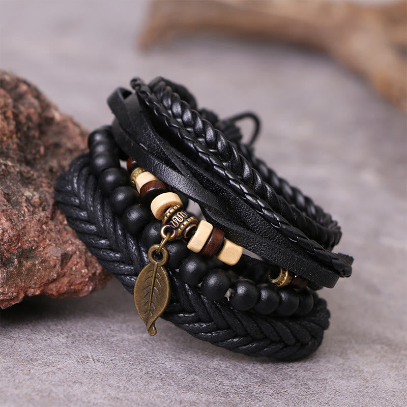 Foviel Leaf Multi-layer Twisted Leather Resin Beads Courage Bracelet Set