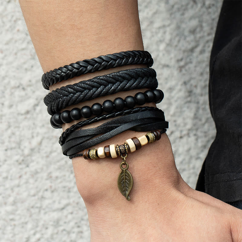 Foviel Leaf Multi-layer Twisted Leather Resin Beads Courage Bracelet Set