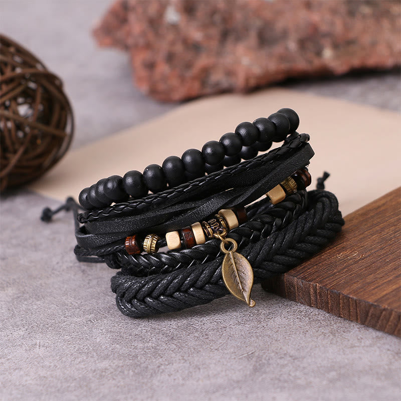 Foviel Leaf Multi-layer Twisted Leather Resin Beads Courage Bracelet Set