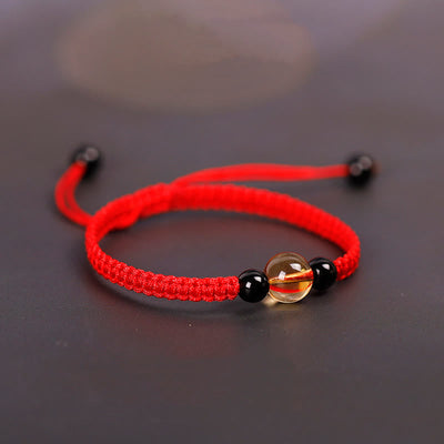 Foviel Handcrafted Citrine Black Obsidian Bead King Kong Knot Peace Knot Luck Rope Bracelet