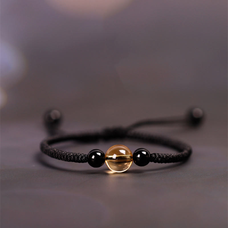 Foviel Handcrafted Citrine Black Obsidian Bead King Kong Knot Peace Knot Luck Rope Bracelet