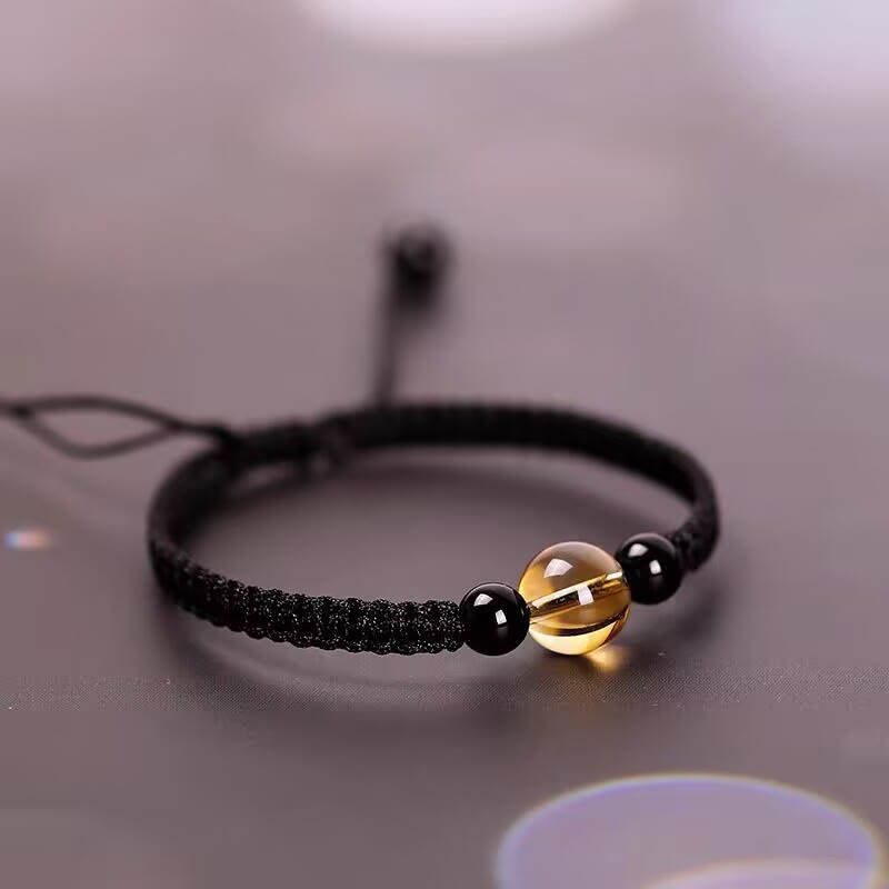 Foviel Handcrafted Citrine Black Obsidian Bead King Kong Knot Peace Knot Luck Rope Bracelet