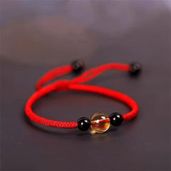 Foviel Handcrafted Citrine Black Obsidian Bead King Kong Knot Peace Knot Luck Rope Bracelet