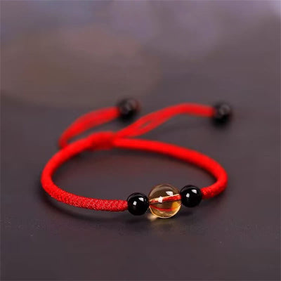 Foviel Handcrafted Citrine Black Obsidian Bead King Kong Knot Peace Knot Luck Rope Bracelet