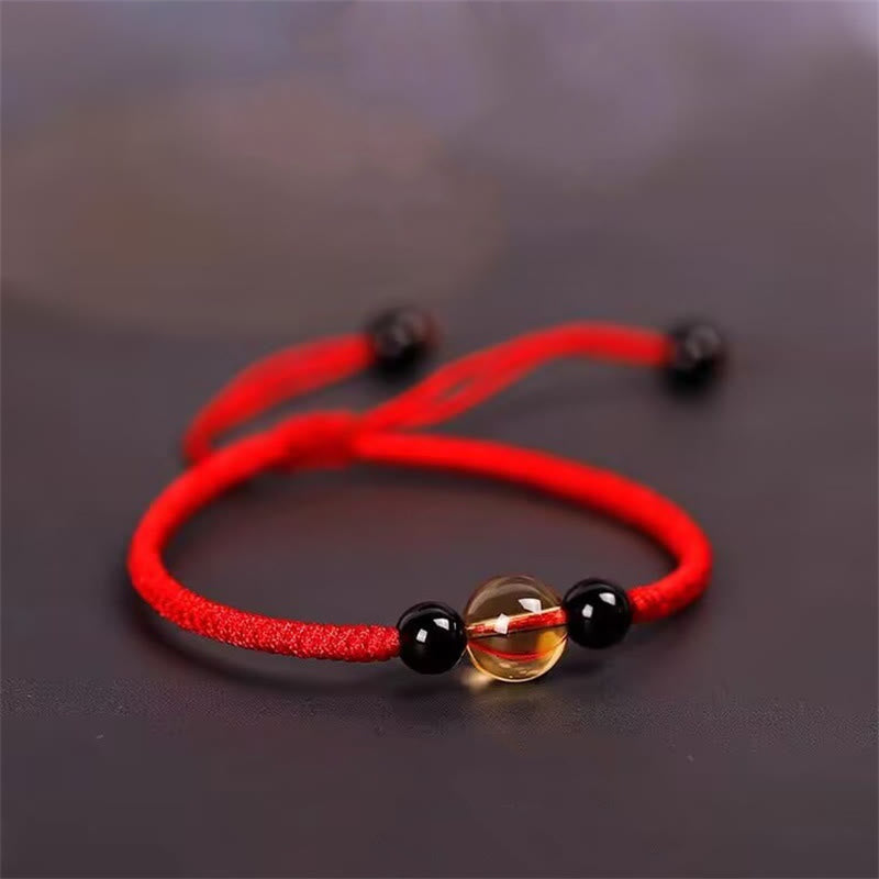 Foviel Handcrafted Citrine Black Obsidian Bead King Kong Knot Peace Knot Luck Rope Bracelet