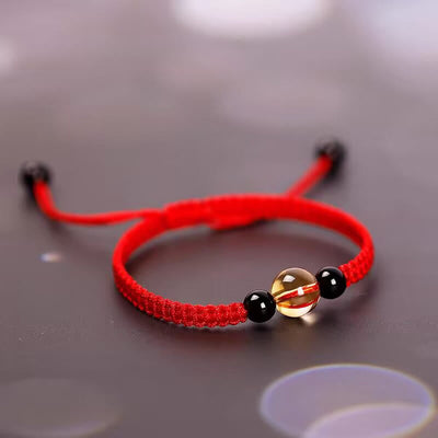 Foviel Handcrafted Citrine Black Obsidian Bead King Kong Knot Peace Knot Luck Rope Bracelet
