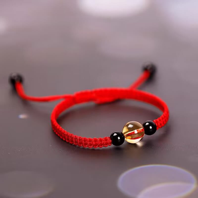 Foviel Handcrafted Citrine Black Obsidian Bead King Kong Knot Peace Knot Luck Rope Bracelet