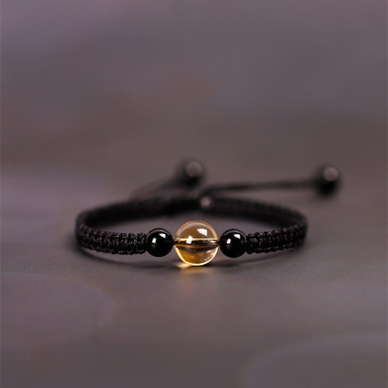 Foviel Handcrafted Citrine Black Obsidian Bead King Kong Knot Peace Knot Luck Rope Bracelet