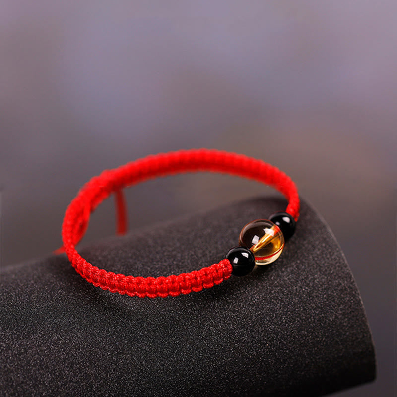 Foviel Handcrafted Citrine Black Obsidian Bead King Kong Knot Peace Knot Luck Rope Bracelet