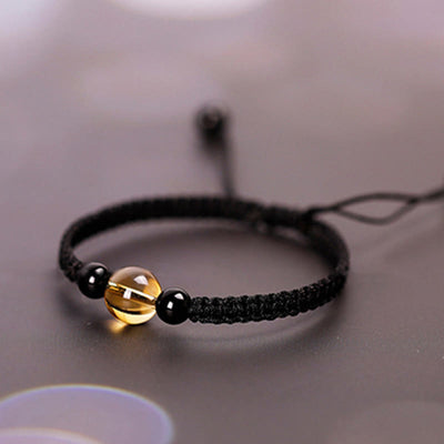 Foviel Handcrafted Citrine Black Obsidian Bead King Kong Knot Peace Knot Luck Rope Bracelet