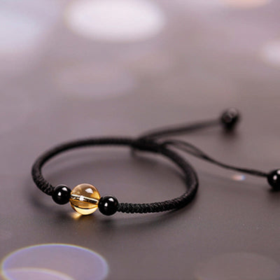 Foviel Handcrafted Citrine Black Obsidian Bead King Kong Knot Peace Knot Luck Rope Bracelet