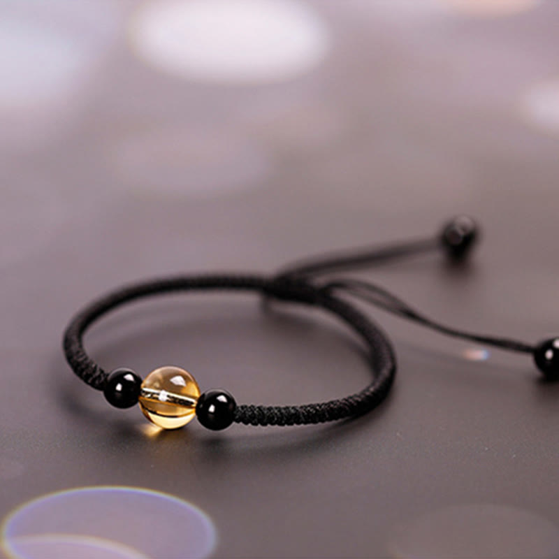 Foviel Handcrafted Citrine Black Obsidian Bead King Kong Knot Peace Knot Luck Rope Bracelet