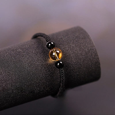 Foviel Handcrafted Citrine Black Obsidian Bead King Kong Knot Peace Knot Luck Rope Bracelet