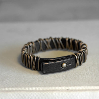 Foviel Vintage Leather Copper Brass Wire Wrap Balance Bracelet