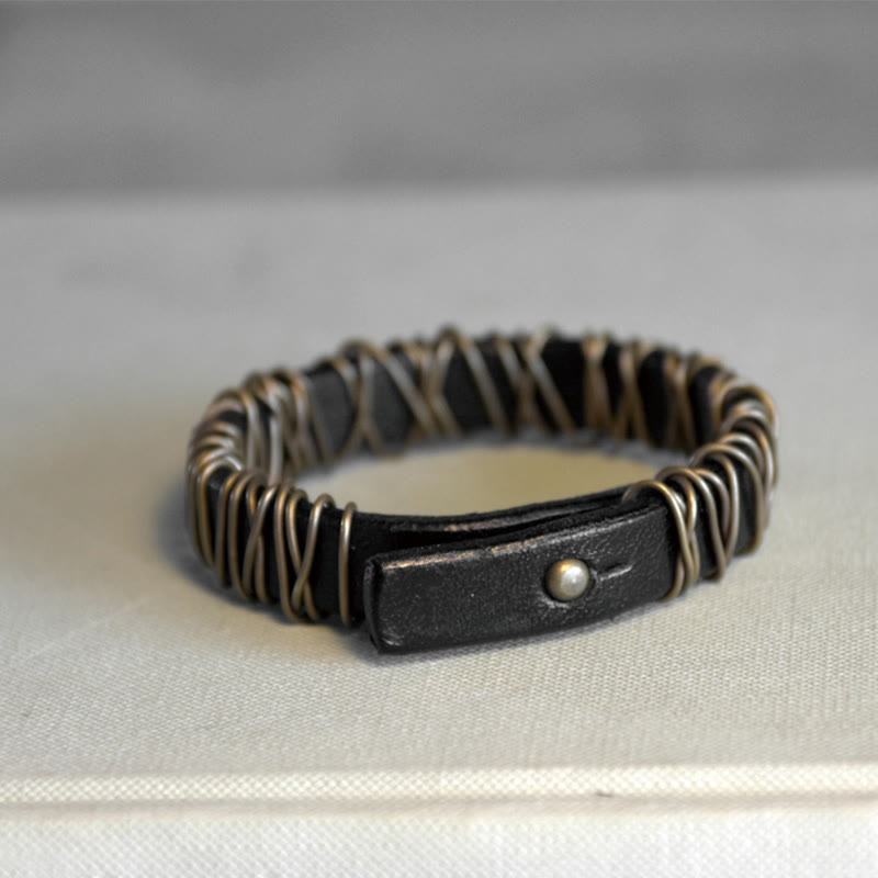 Foviel Vintage Leather Copper Brass Wire Wrap Balance Bracelet