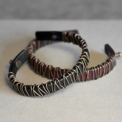 Foviel Vintage Leather Copper Brass Wire Wrap Balance Bracelet